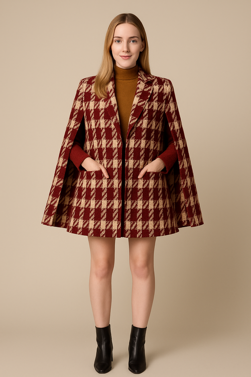 Houndstooth Woolen Cape Coat & Shorts ¨C Elegant & Fashionable Set