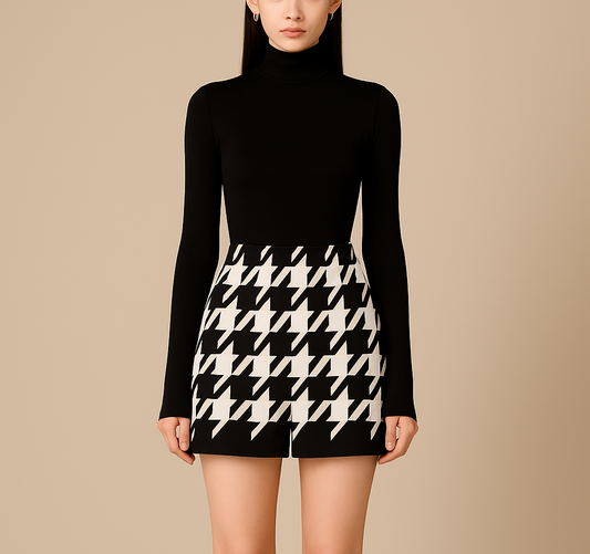 Houndstooth Woolen Cape Coat & Shorts ¨C Elegant & Fashionable Set